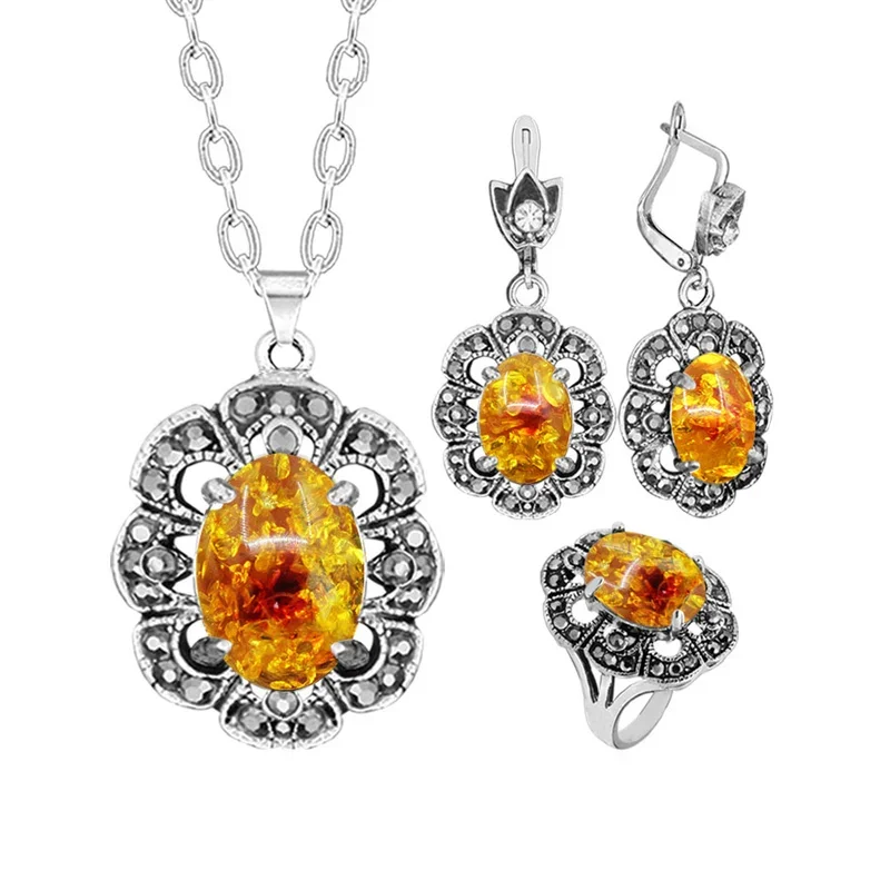 Vintage Oval Synthetic Turquoises Flower Jewelry Sets For Women Plant Rhinestone Fashion Necklace Earring Ring Women Set