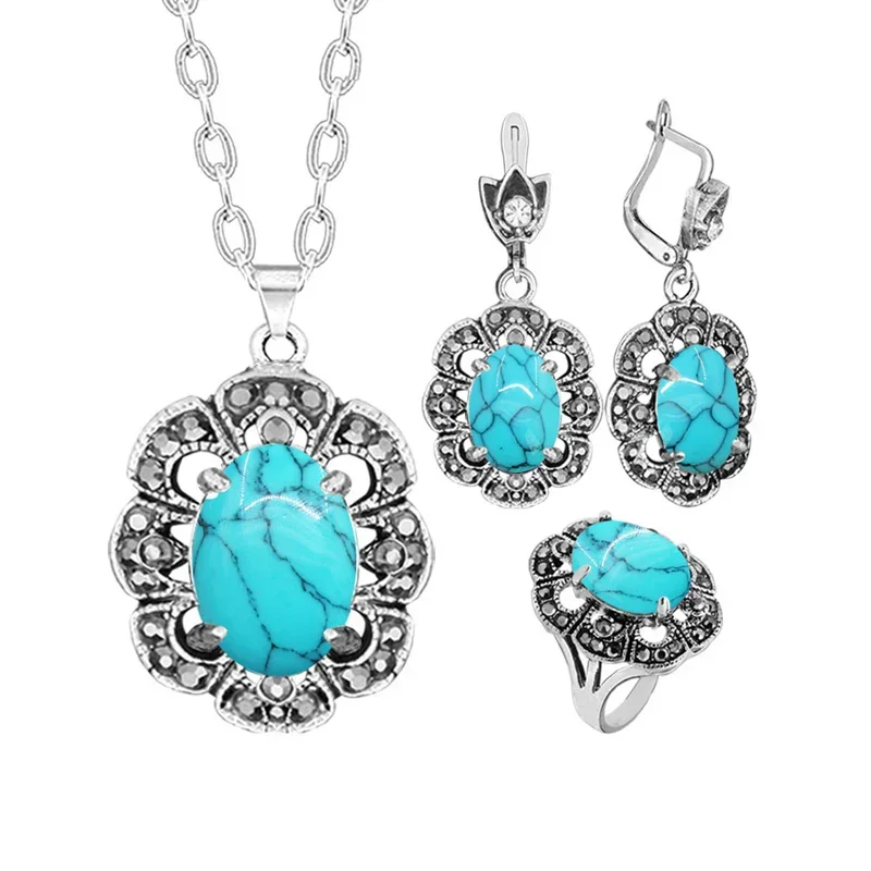 Vintage Oval Synthetic Turquoises Flower Jewelry Sets For Women Plant Rhinestone Fashion Necklace Earring Ring Women Set