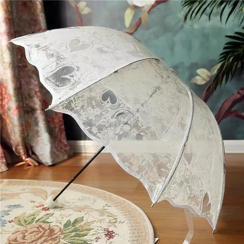 Transparent Princess Wedding Umbrella White Lace Heart Parasol Women Rain Outdoor Thicken PVC Clear Umbrellas For Lovers Girls