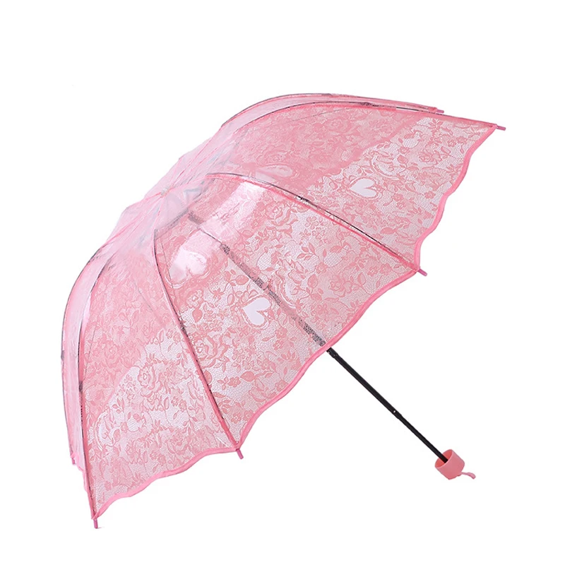 Transparent Princess Wedding Umbrella White Lace Heart Parasol Women Rain Outdoor Thicken PVC Clear Umbrellas For Lovers Girls