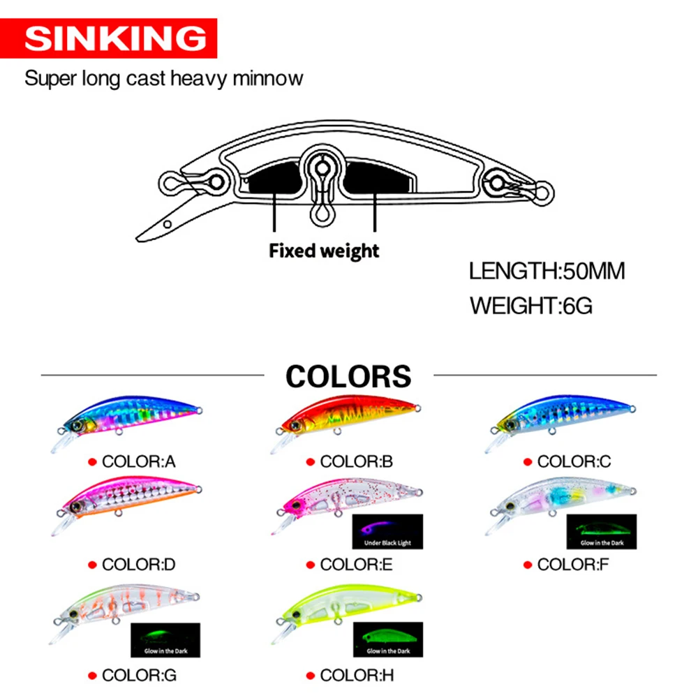 5cm 6g Fishing Lure Hardcore LG Heavy Minnow 50S Wobbler Sinking Jerkbait Swimbait Artificial Hard Bait Trout Bait Bass Bait
