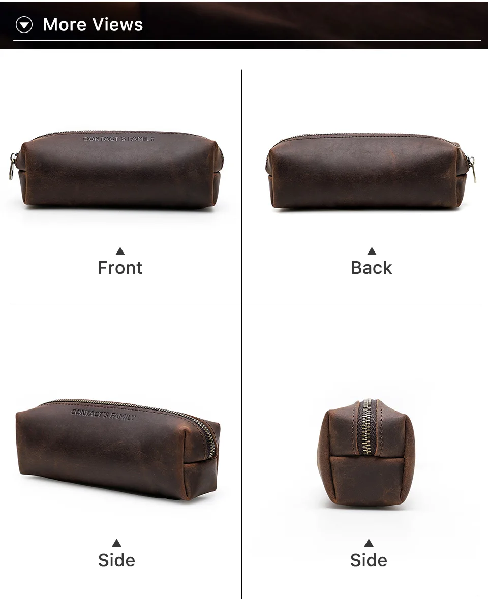 CONTACT'S FAMILY Vintage Genuine Leather Pencil Cases For Girls Boys Storage Pens Pouch Holder School Stationery Bags