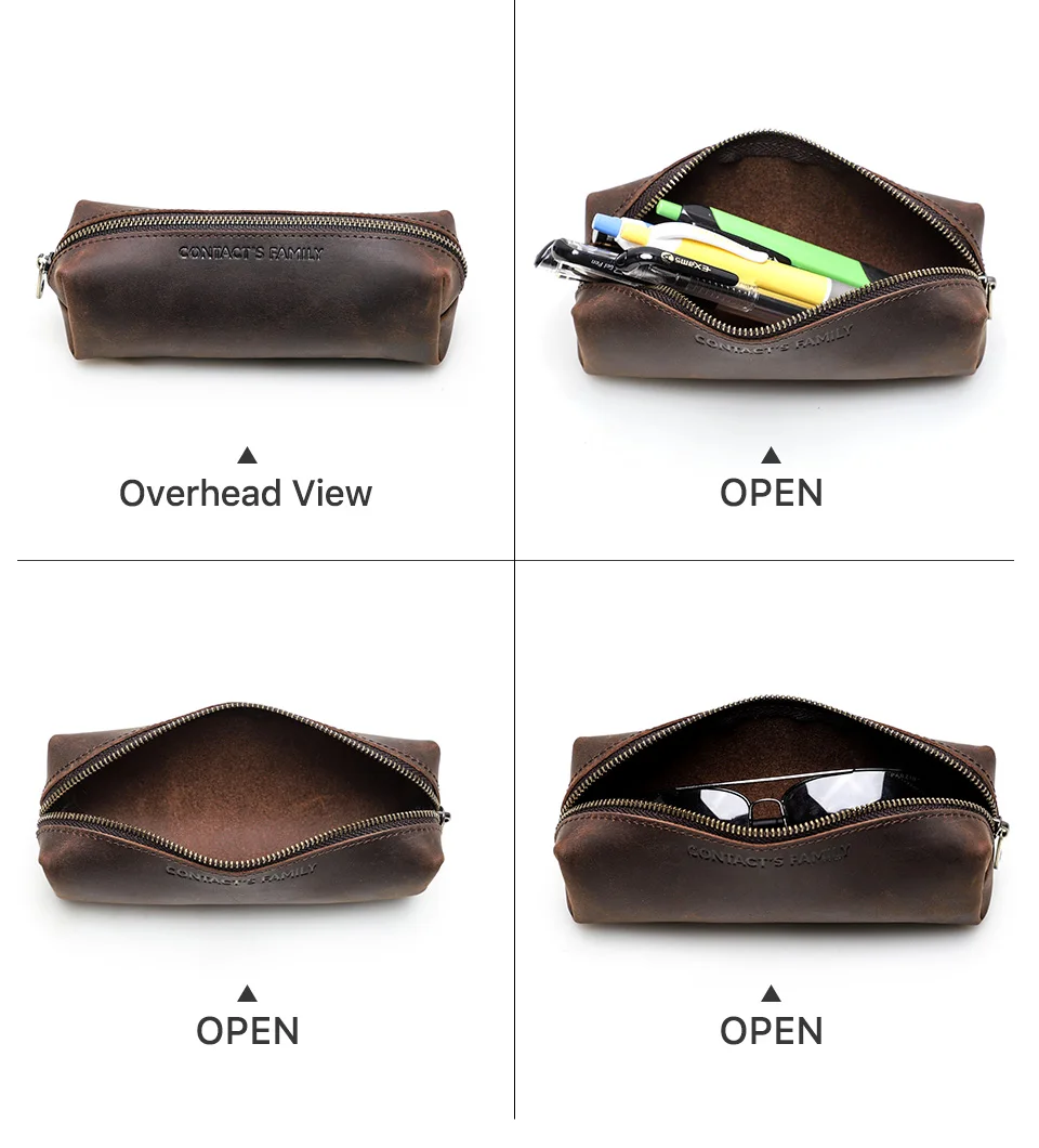 CONTACT'S FAMILY Vintage Genuine Leather Pencil Cases For Girls Boys Storage Pens Pouch Holder School Stationery Bags