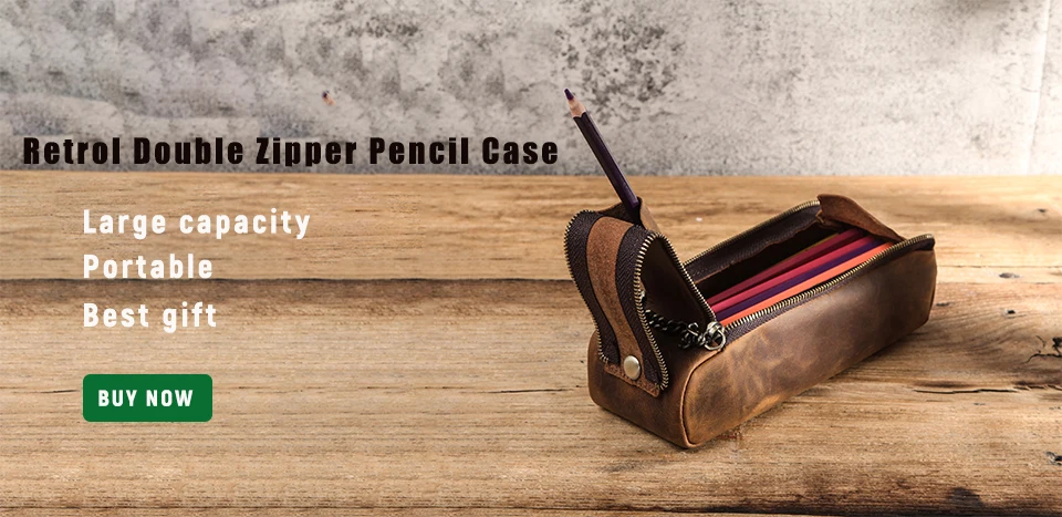 CONTACT'S FAMILY Vintage Genuine Leather Pencil Cases For Girls Boys Storage Pens Pouch Holder School Stationery Bags