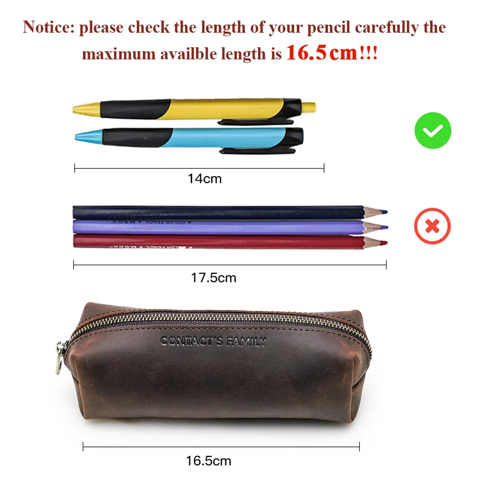 CONTACT'S FAMILY Vintage Genuine Leather Pencil Cases For Girls Boys Storage Pens Pouch Holder School Stationery Bags