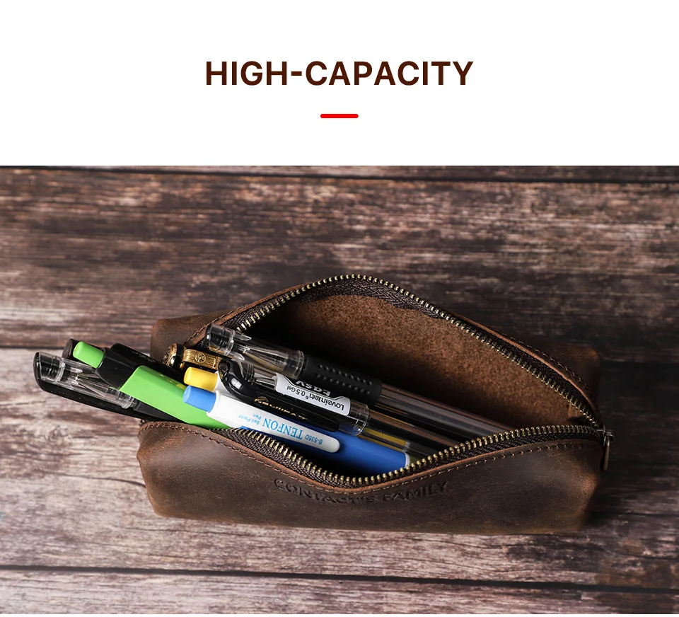 CONTACT'S FAMILY Vintage Genuine Leather Pencil Cases For Girls Boys Storage Pens Pouch Holder School Stationery Bags