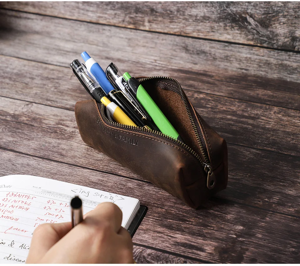 CONTACT'S FAMILY Vintage Genuine Leather Pencil Cases For Girls Boys Storage Pens Pouch Holder School Stationery Bags