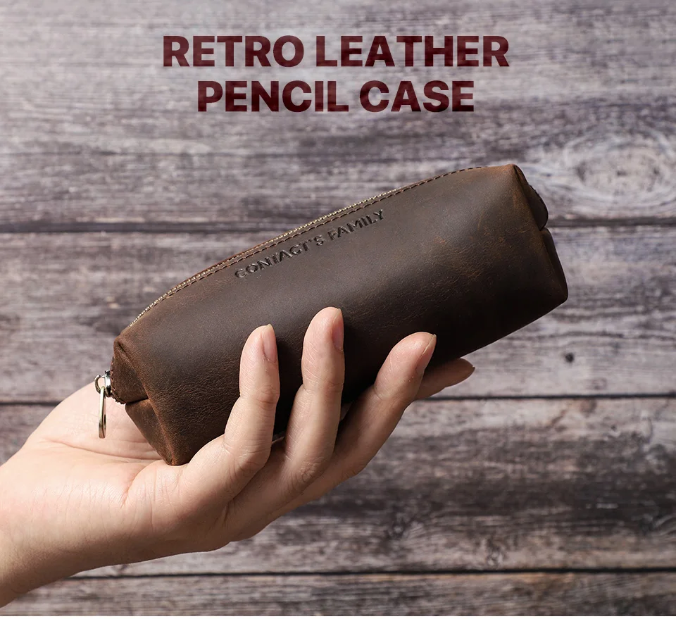 CONTACT'S FAMILY Vintage Genuine Leather Pencil Cases For Girls Boys Storage Pens Pouch Holder School Stationery Bags