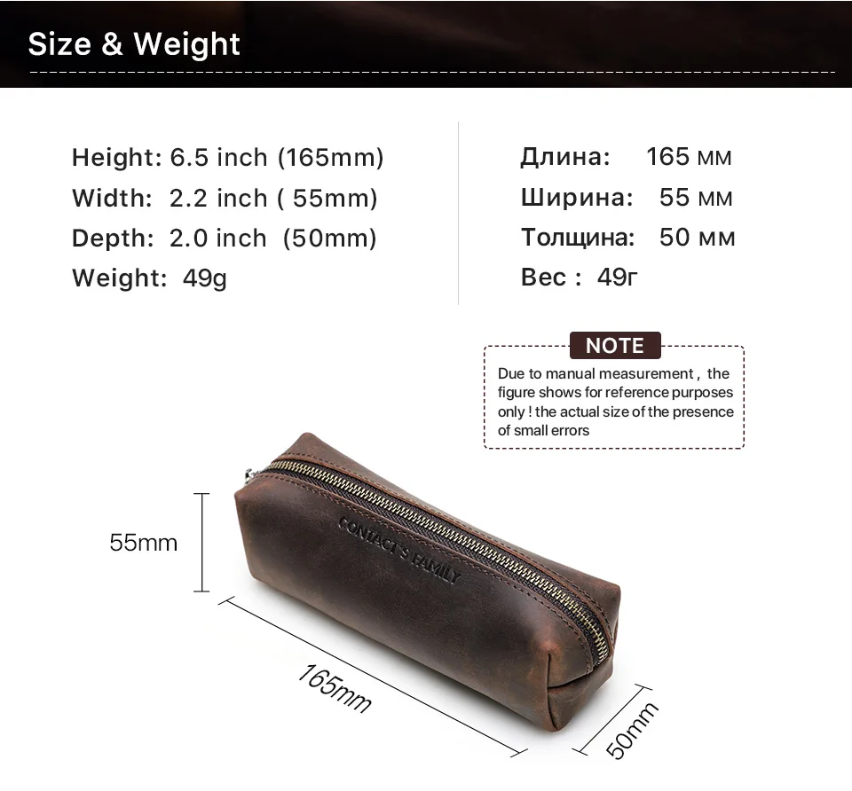 CONTACT'S FAMILY Vintage Genuine Leather Pencil Cases For Girls Boys Storage Pens Pouch Holder School Stationery Bags
