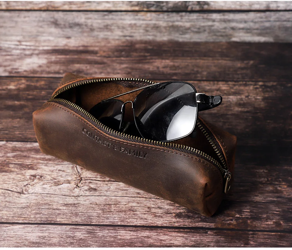 CONTACT'S FAMILY Vintage Genuine Leather Pencil Cases For Girls Boys Storage Pens Pouch Holder School Stationery Bags