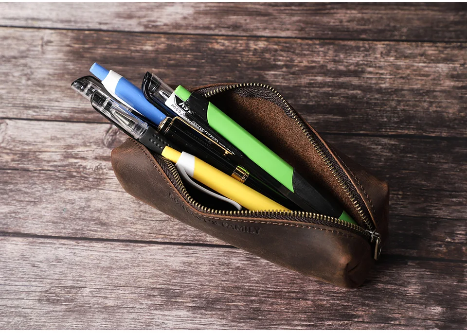 CONTACT'S FAMILY Vintage Genuine Leather Pencil Cases For Girls Boys Storage Pens Pouch Holder School Stationery Bags