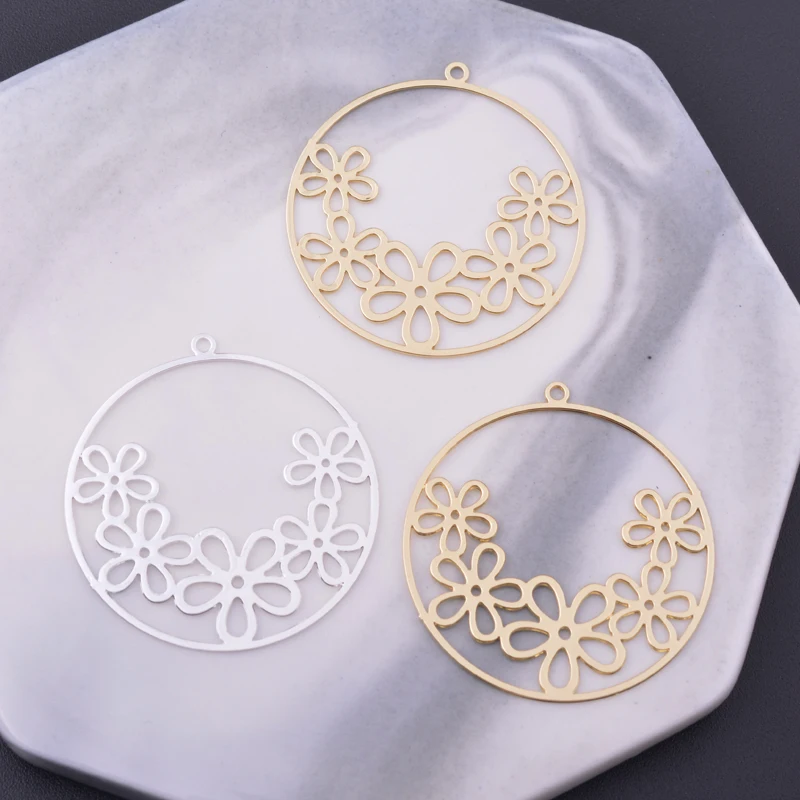 6pcs Diy Jewelry Light gold color Round Flower Charms Thin Pendant Silver Plated Earring Findings