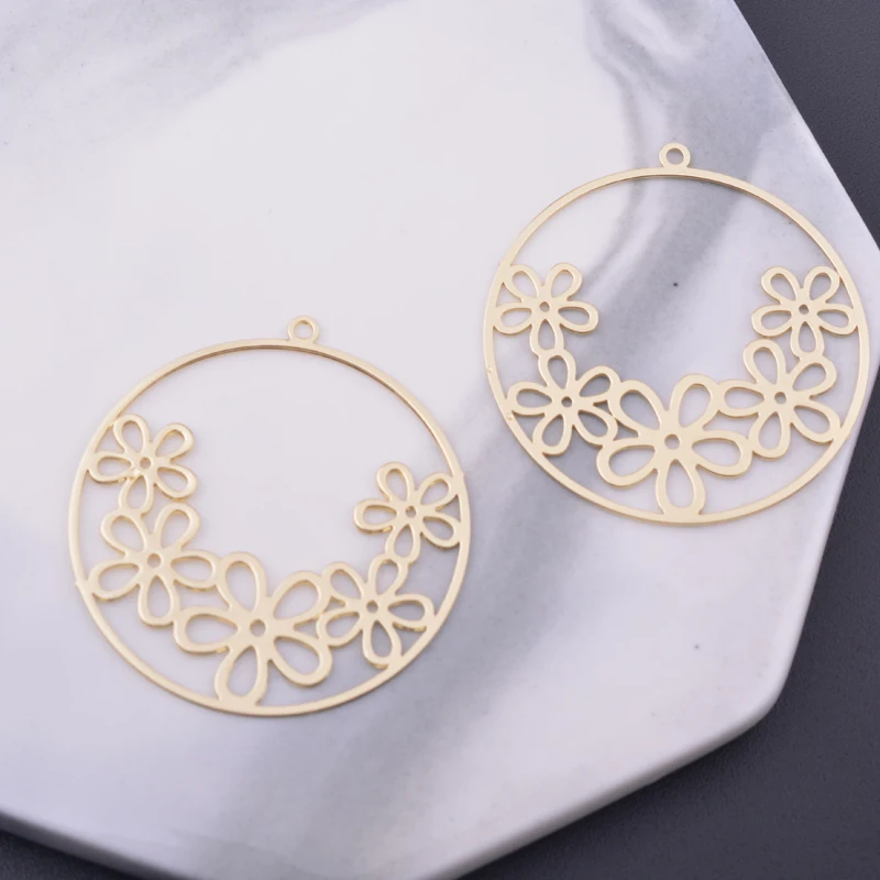 6pcs Diy Jewelry Light gold color Round Flower Charms Thin Pendant Silver Plated Earring Findings
