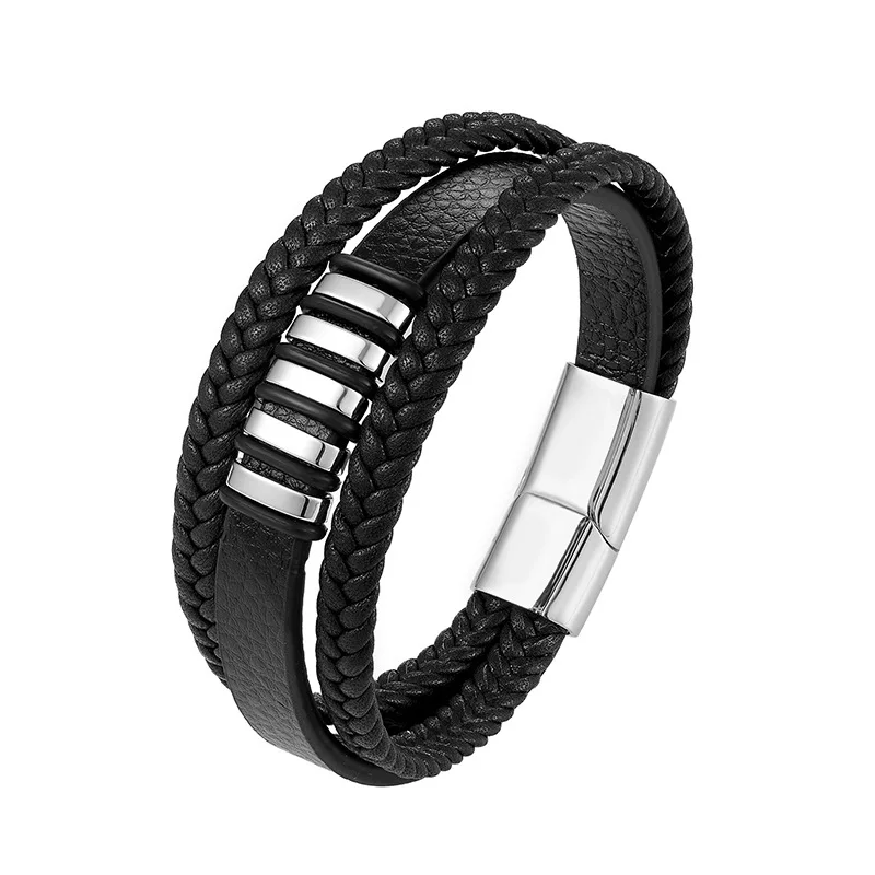 European And American Popular Stainless Steel Leather Bracelet Men's Multilayer Woven Leather Bracelet