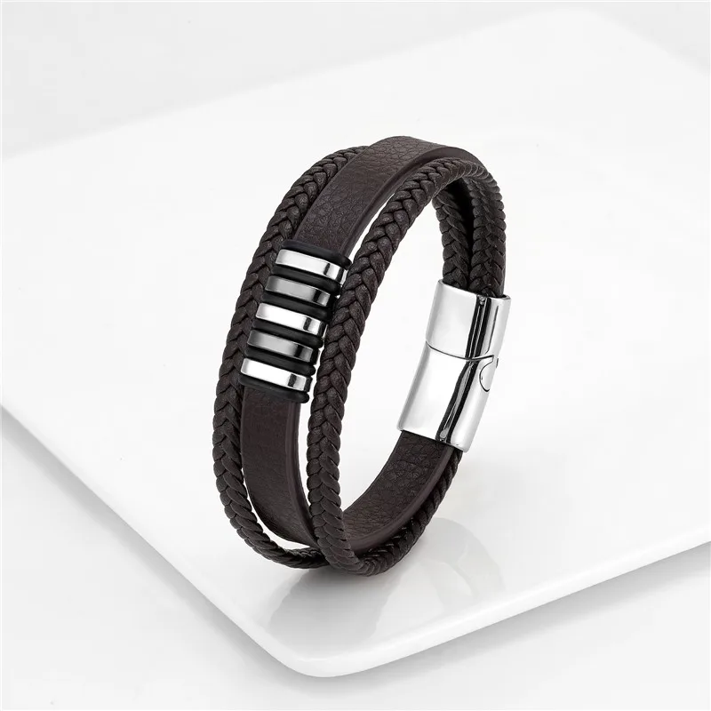 European And American Popular Stainless Steel Leather Bracelet Men's Multilayer Woven Leather Bracelet