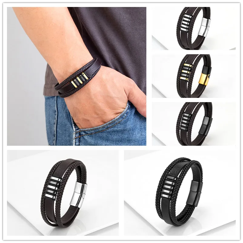 European And American Popular Stainless Steel Leather Bracelet Men's Multilayer Woven Leather Bracelet