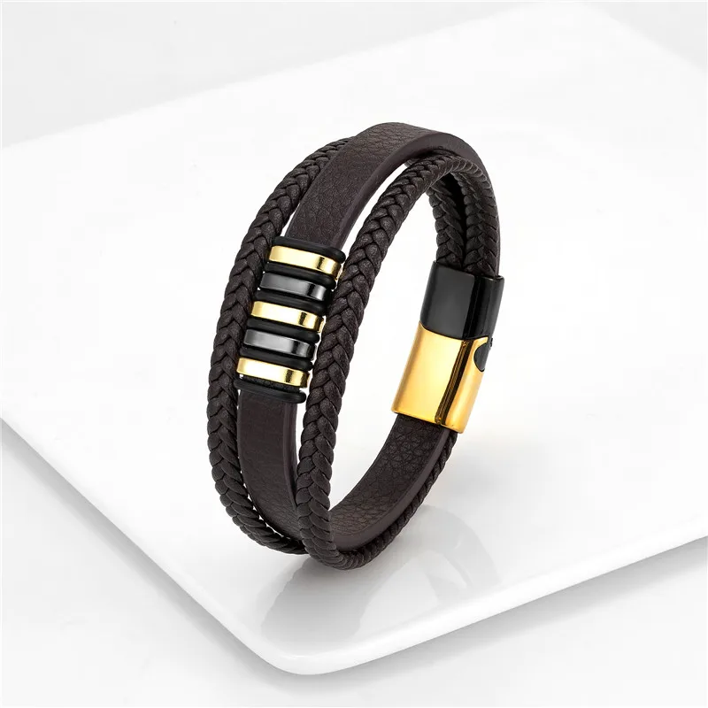 European And American Popular Stainless Steel Leather Bracelet Men's Multilayer Woven Leather Bracelet