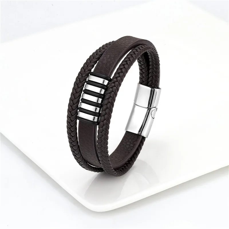 European And American Popular Stainless Steel Leather Bracelet Men's Multilayer Woven Leather Bracelet