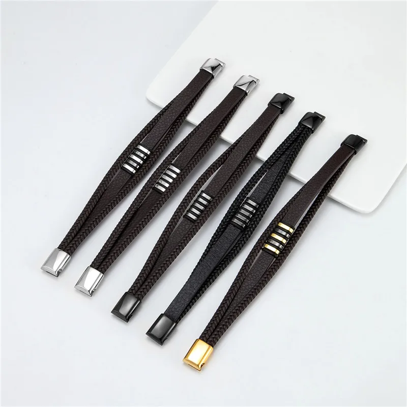 European And American Popular Stainless Steel Leather Bracelet Men's Multilayer Woven Leather Bracelet