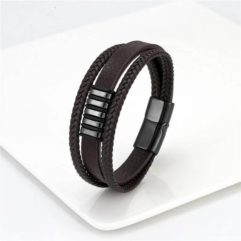 European And American Popular Stainless Steel Leather Bracelet Men's Multilayer Woven Leather Bracelet