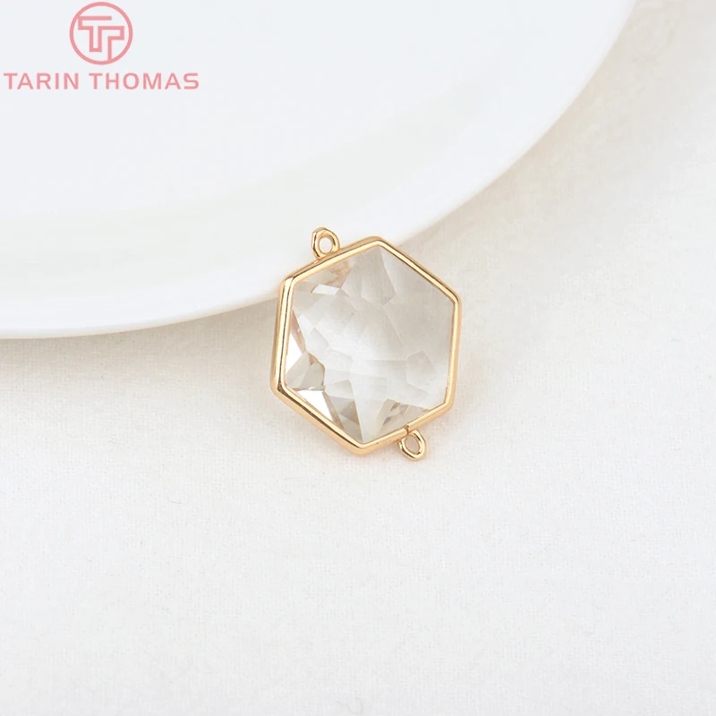 (1082)6PCS 24K Champagne Gold Color Brass with Glass Irregular Connector Charms High Quality Jewelry Making Findings Accessories