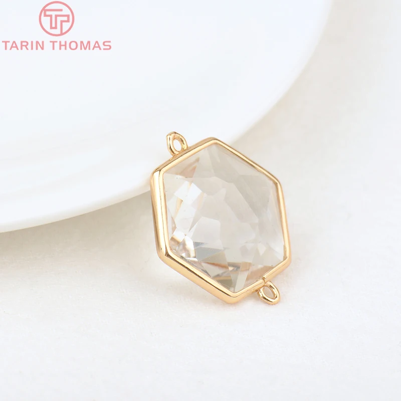 (1082)6PCS 24K Champagne Gold Color Brass with Glass Irregular Connector Charms High Quality Jewelry Making Findings Accessories