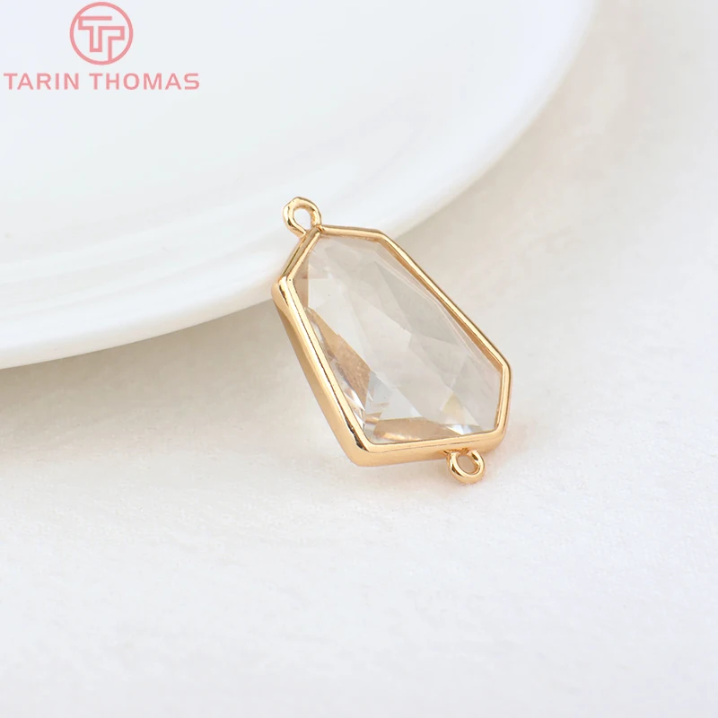 (1082)6PCS 24K Champagne Gold Color Brass with Glass Irregular Connector Charms High Quality Jewelry Making Findings Accessories