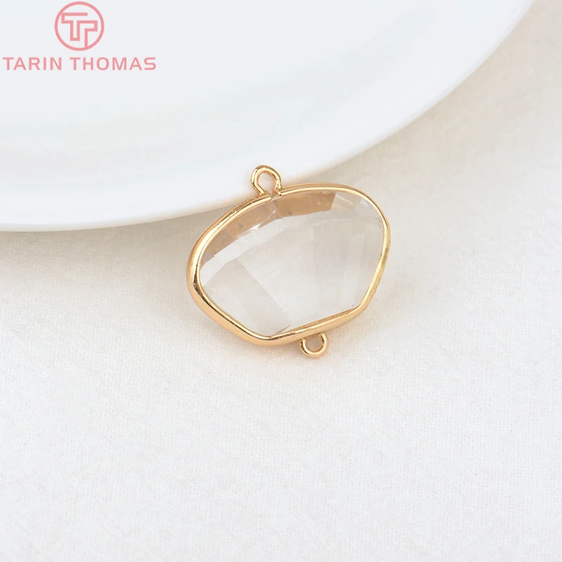 (1082)6PCS 24K Champagne Gold Color Brass with Glass Irregular Connector Charms High Quality Jewelry Making Findings Accessories