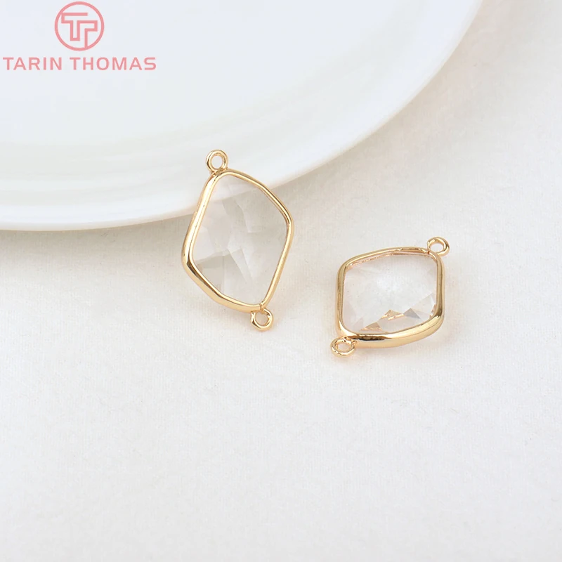 (1082)6PCS 24K Champagne Gold Color Brass with Glass Irregular Connector Charms High Quality Jewelry Making Findings Accessories