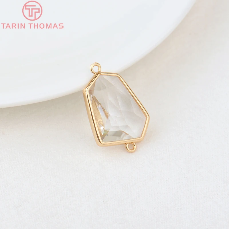 (1082)6PCS 24K Champagne Gold Color Brass with Glass Irregular Connector Charms High Quality Jewelry Making Findings Accessories