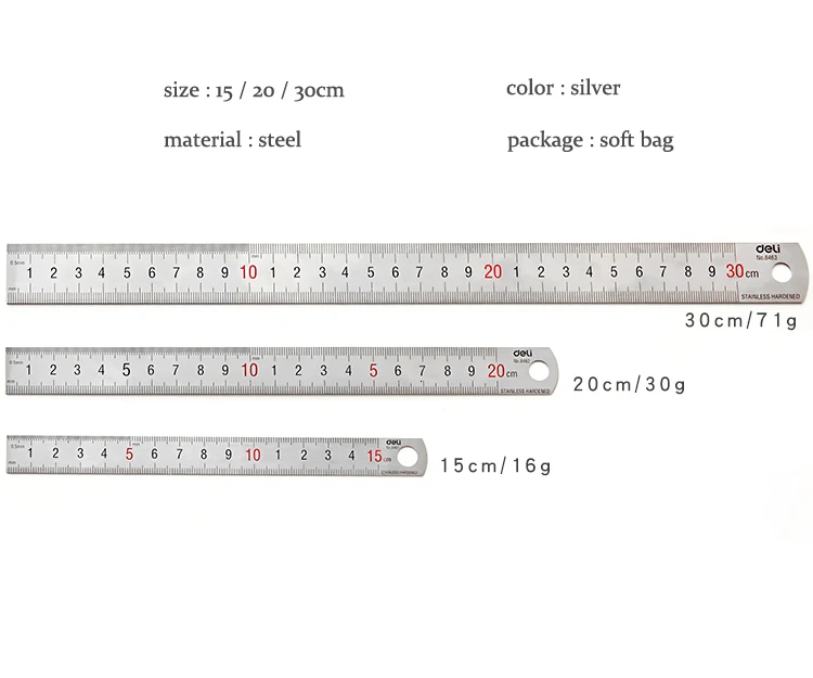 Deli Steel Metal Ruler Silver 15/20/30cm Stainless Steel Straight Rulers Functional Mapping Tool School Office Drawing Supplies