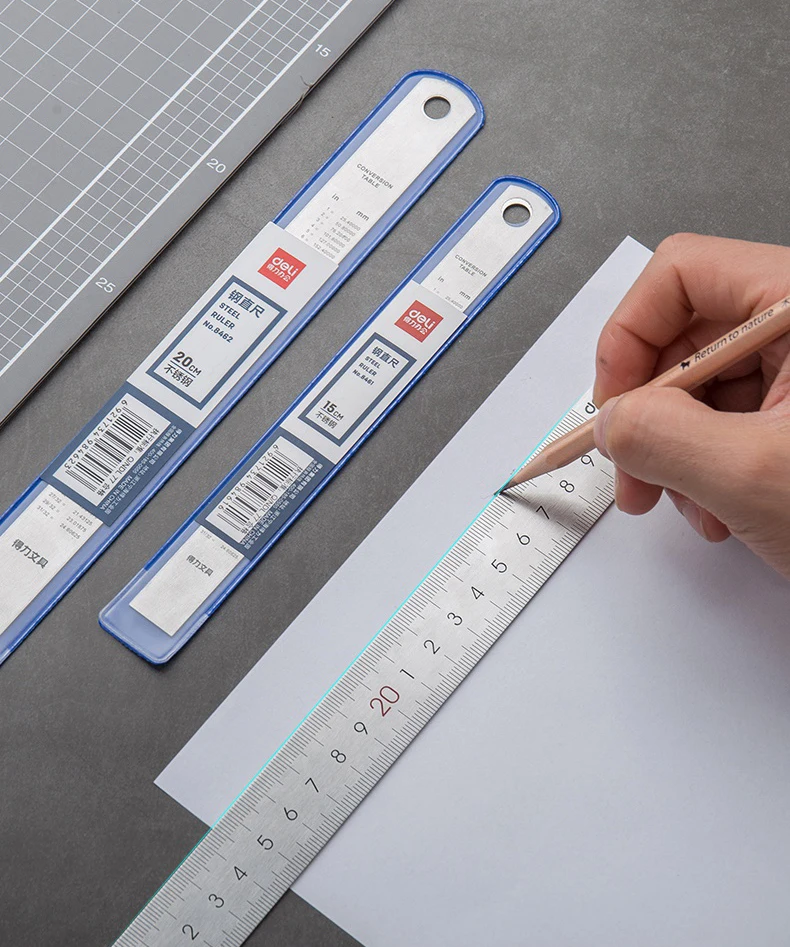 Deli Steel Metal Ruler Silver 15/20/30cm Stainless Steel Straight Rulers Functional Mapping Tool School Office Drawing Supplies