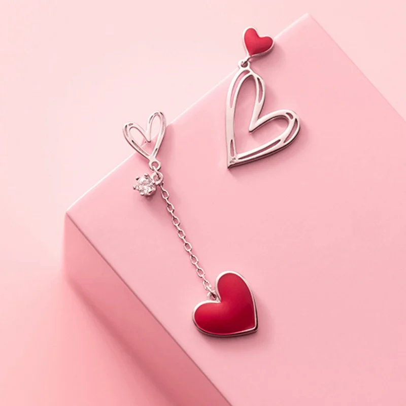 Korean New Asymmetric Red Heart Stud Earrings For Women Creative Hollow ECG Tassel Zircon Pearl Earrings Party Jewelry Gift
