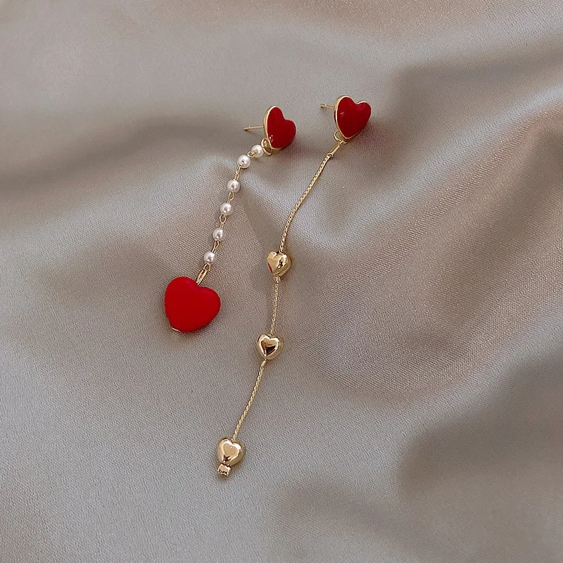 Korean New Asymmetric Red Heart Stud Earrings For Women Creative Hollow ECG Tassel Zircon Pearl Earrings Party Jewelry Gift