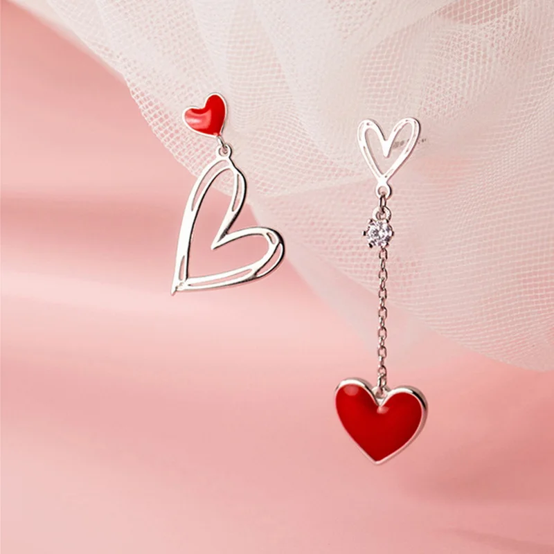 Korean New Asymmetric Red Heart Stud Earrings For Women Creative Hollow ECG Tassel Zircon Pearl Earrings Party Jewelry Gift