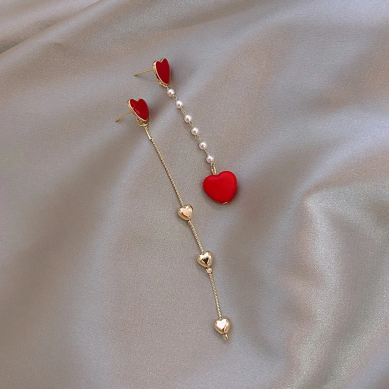 Korean New Asymmetric Red Heart Stud Earrings For Women Creative Hollow ECG Tassel Zircon Pearl Earrings Party Jewelry Gift