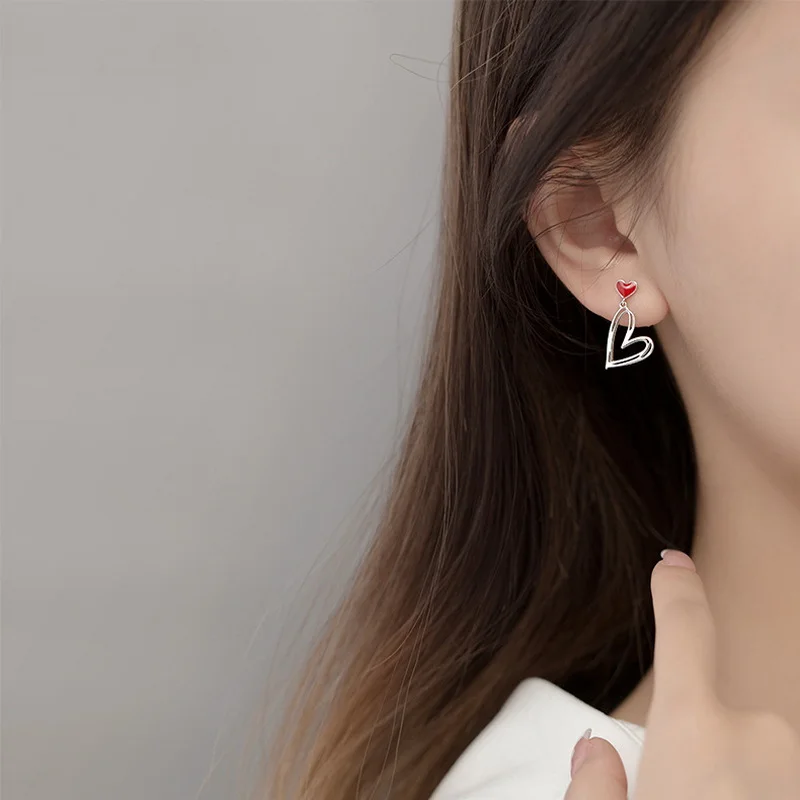 Korean New Asymmetric Red Heart Stud Earrings For Women Creative Hollow ECG Tassel Zircon Pearl Earrings Party Jewelry Gift
