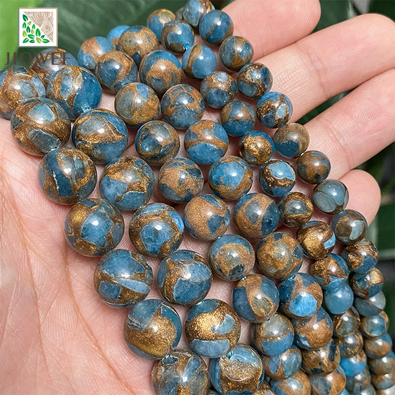 Natural Stone Golden Stripe Lake Blue Cloisonne Round Beads for Jewelry Making Diy Handmade Bracelet 15" Strand 4/6/8/10/12MM