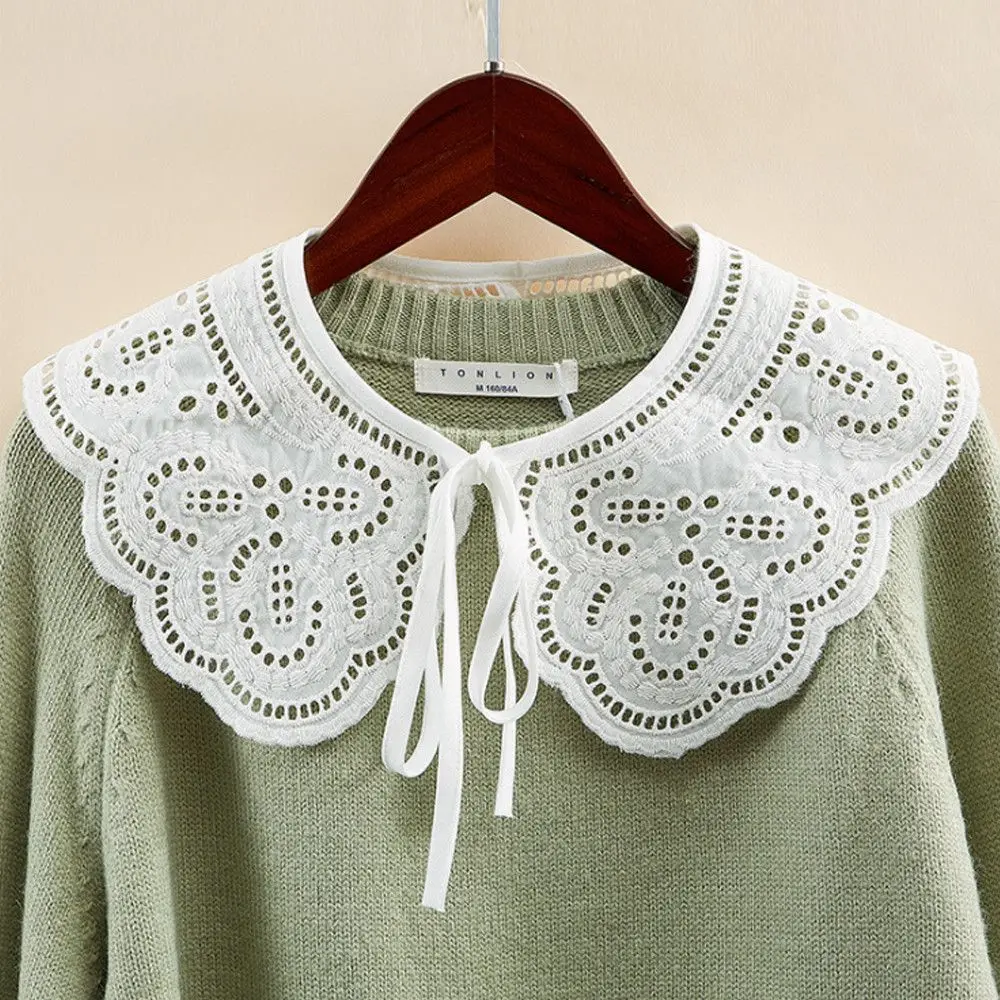 1PC Fashion Women Cotton Fake Collar Sweet Floral Lace Shawl Lapel Blouse Top Detachable Shirt False Tie Clothes Accessories