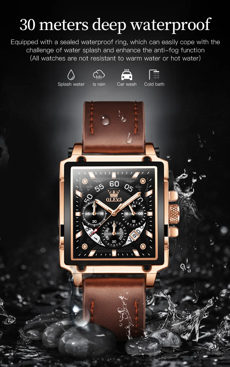 OLEVS 9919 Top Brand Male Watches Square Quartz Watch for Men Waterproof Leather Strap Sport Clock Male Relogio Masculino