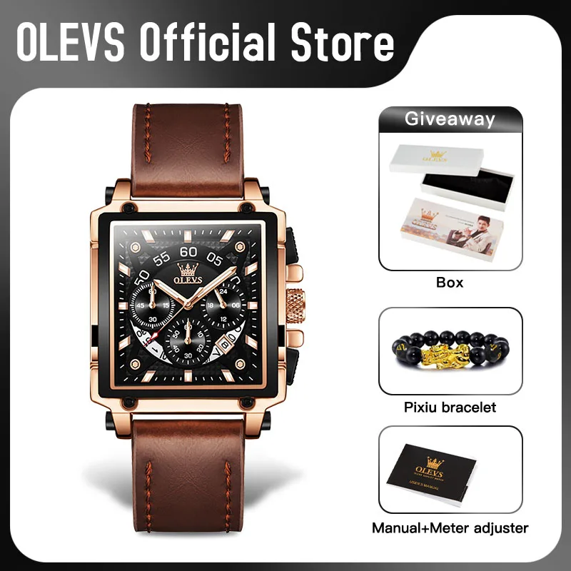 OLEVS 9919 Top Brand Male Watches Square Quartz Watch for Men Waterproof Leather Strap Sport Clock Male Relogio Masculino