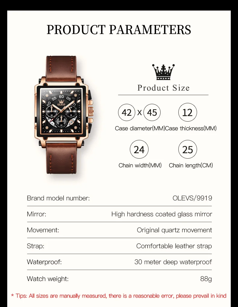 OLEVS 9919 Top Brand Male Watches Square Quartz Watch for Men Waterproof Leather Strap Sport Clock Male Relogio Masculino