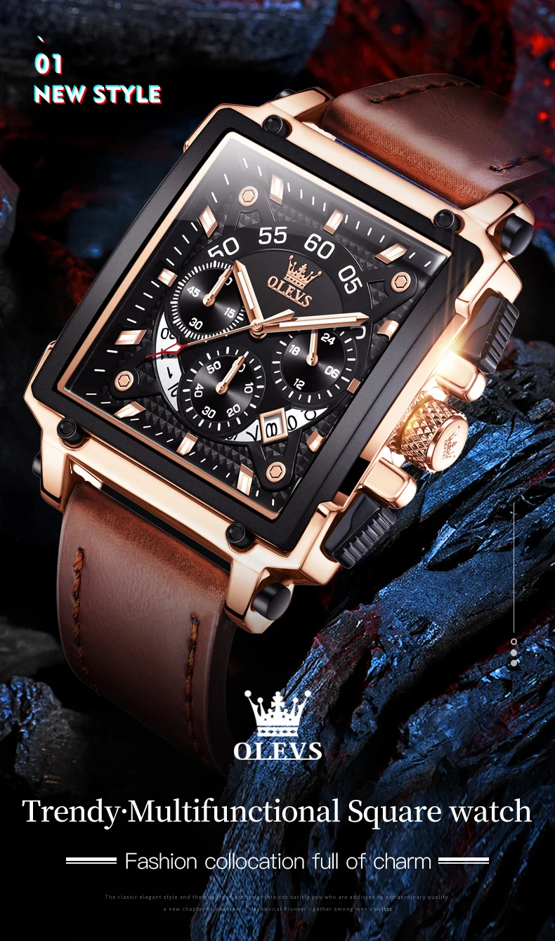 OLEVS 9919 Top Brand Male Watches Square Quartz Watch for Men Waterproof Leather Strap Sport Clock Male Relogio Masculino