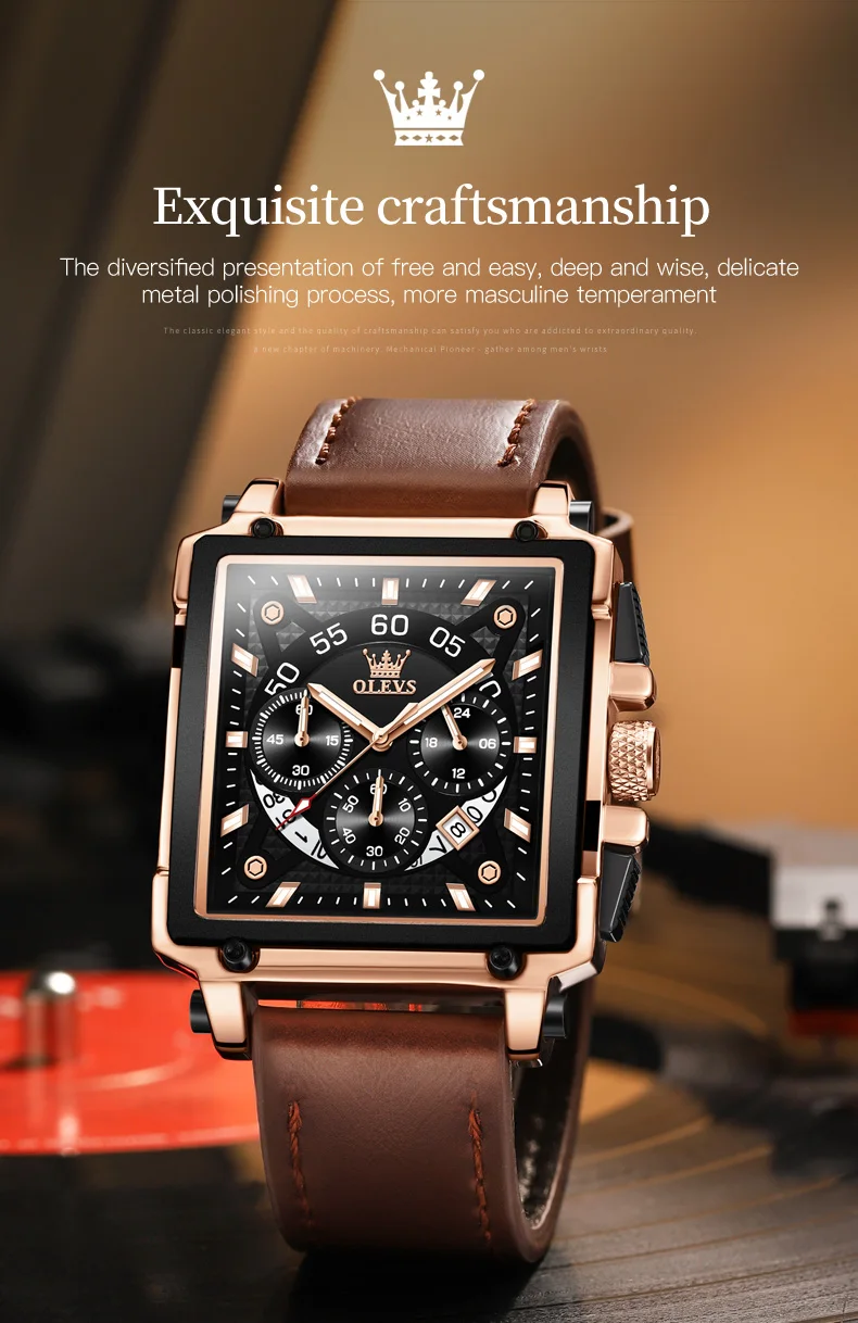 OLEVS 9919 Top Brand Male Watches Square Quartz Watch for Men Waterproof Leather Strap Sport Clock Male Relogio Masculino