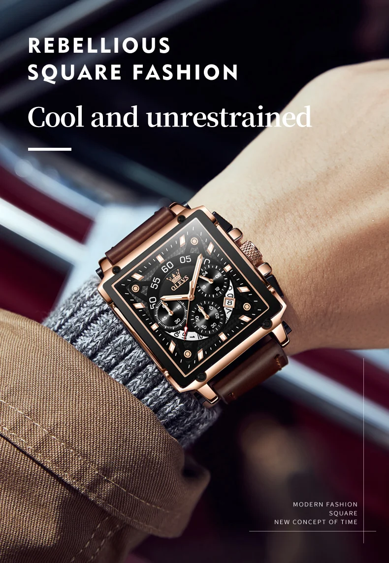 OLEVS 9919 Top Brand Male Watches Square Quartz Watch for Men Waterproof Leather Strap Sport Clock Male Relogio Masculino