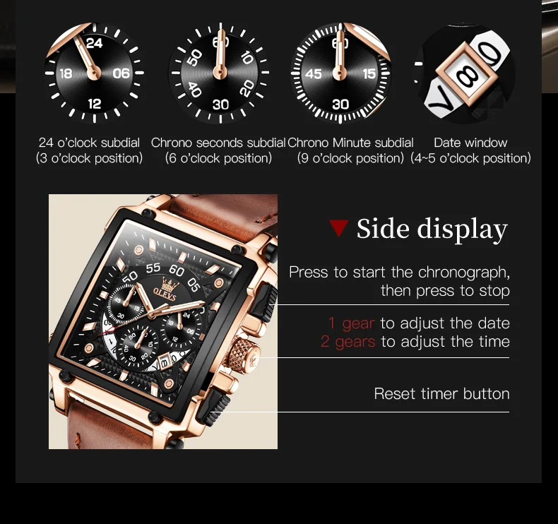 OLEVS 9919 Top Brand Male Watches Square Quartz Watch for Men Waterproof Leather Strap Sport Clock Male Relogio Masculino
