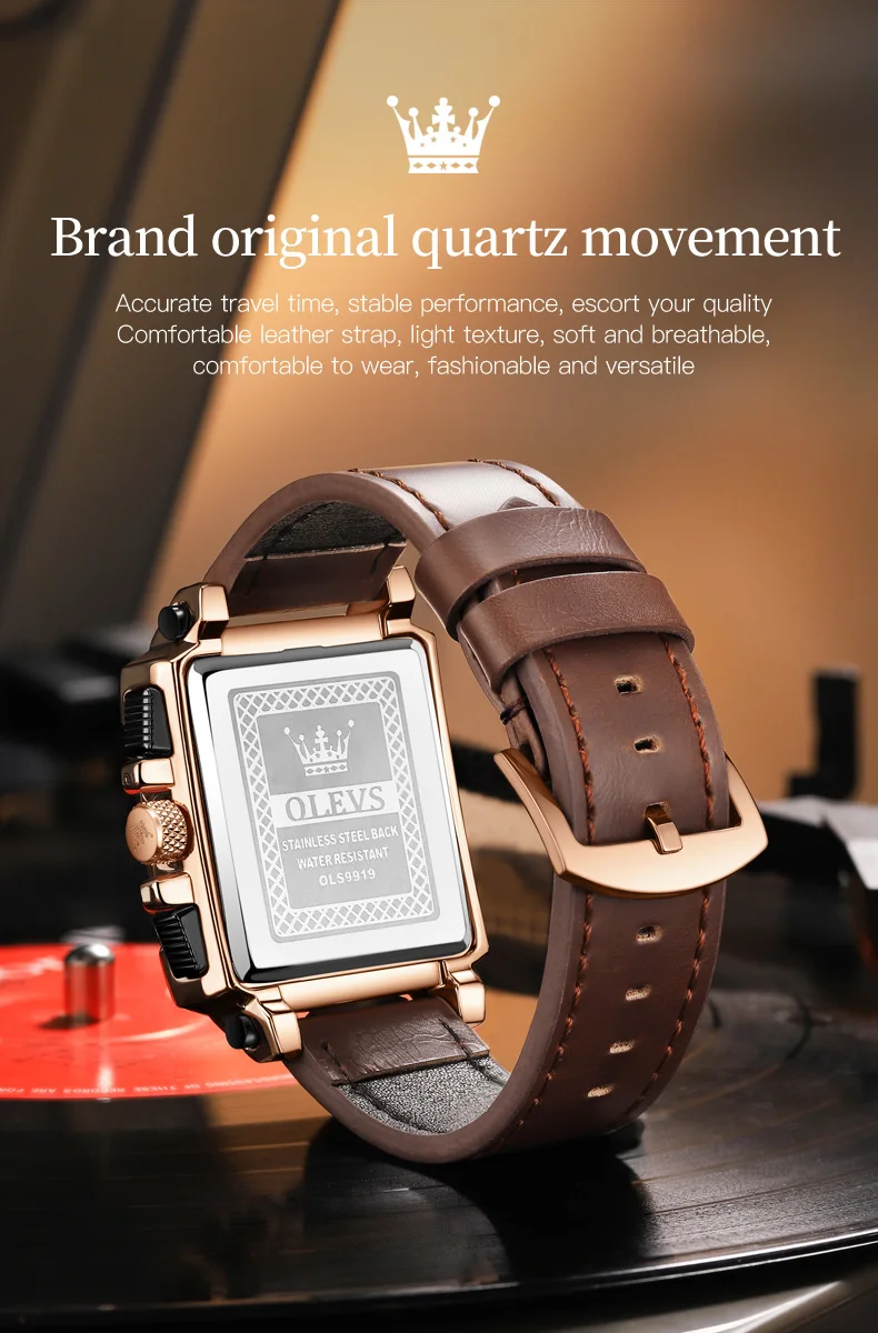 OLEVS 9919 Top Brand Male Watches Square Quartz Watch for Men Waterproof Leather Strap Sport Clock Male Relogio Masculino