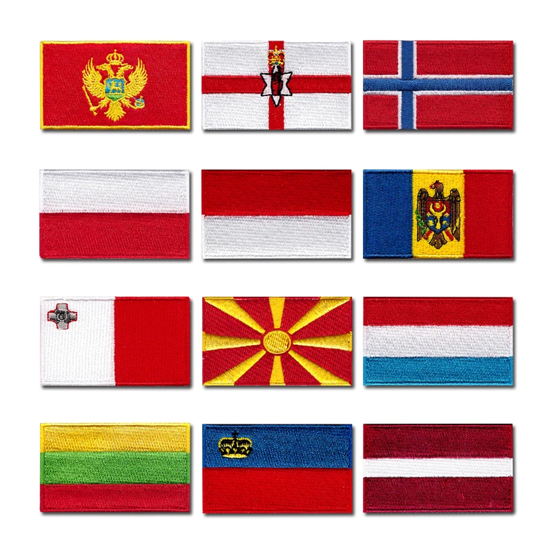 National Flag Computer Embroidery Patches Clothes Sticker Ironing Sew Applique Montenegro Northern Ireland Norway Poland Moldova