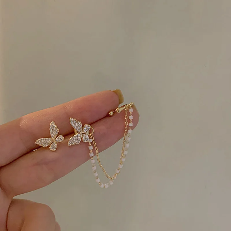 Pearl Tassel Earrings Korean New Butterfly Earrings for Women Romantic Dangle Earrings Personality Party Ear Accessories