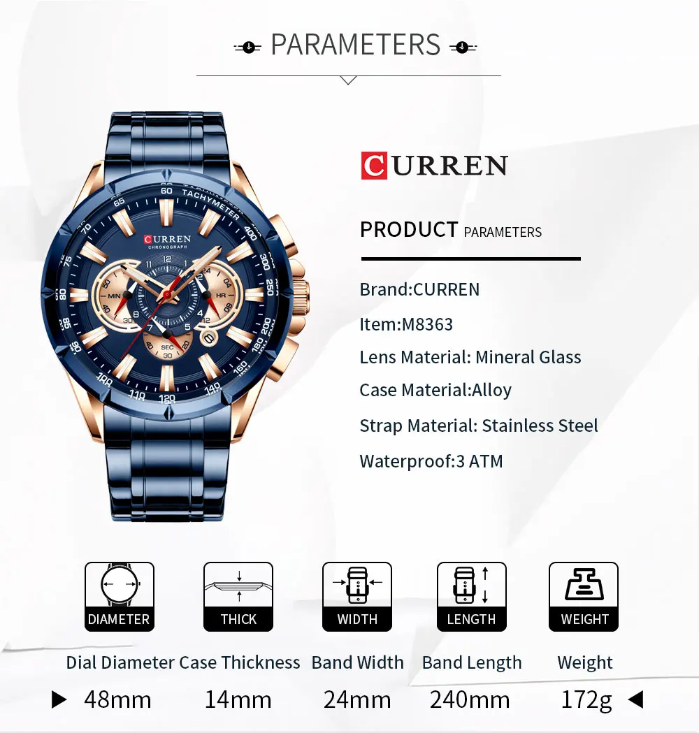 CURREN Men's Watch Casual Sports Chronograph Stainless Steel Strap Black Large Dial Quartz Waterproof Clock Luminous Display